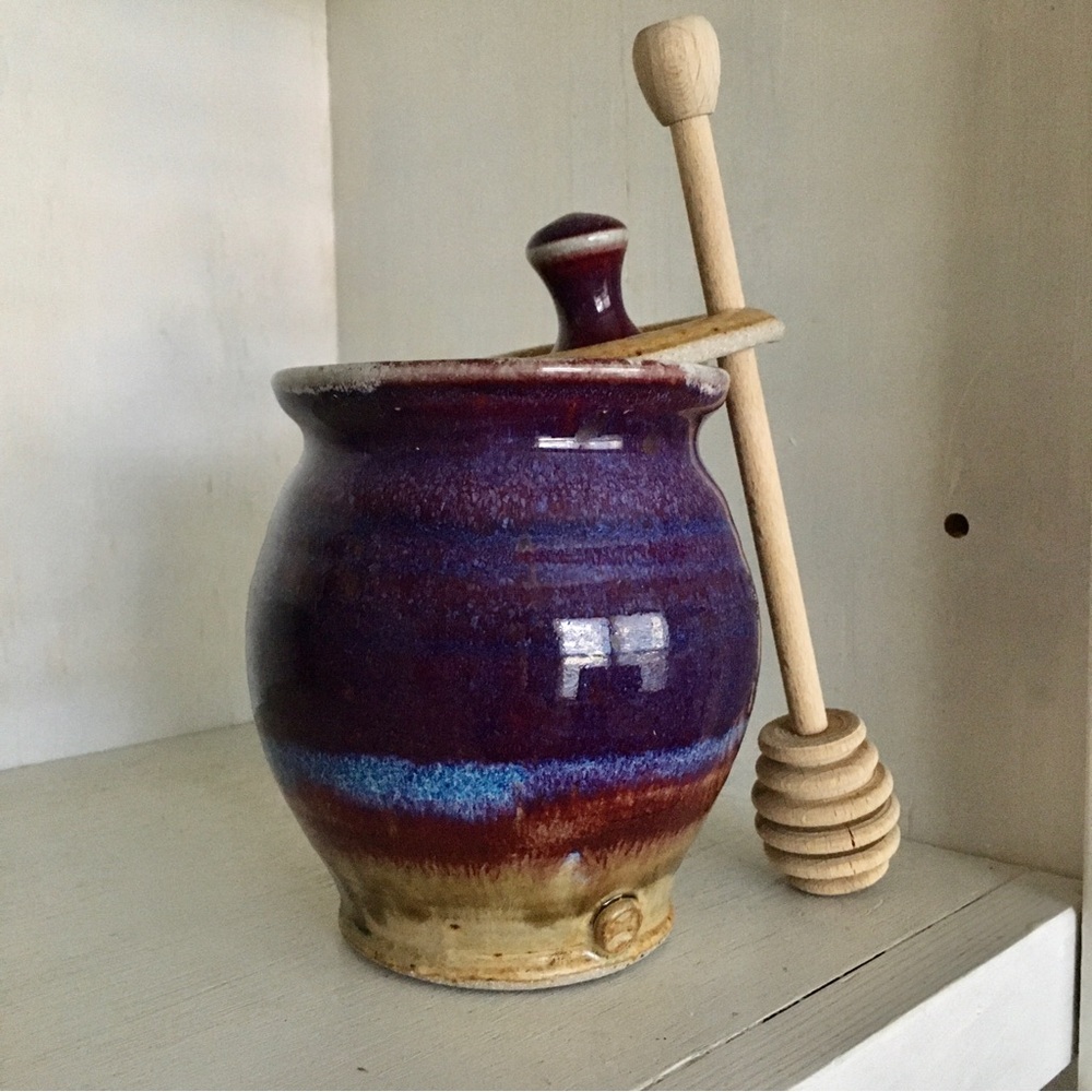 Vintage Fire Glazed Stoneware Sugar Planter Honey Pot Lid for Spoon Insert